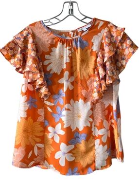 DR2 Daniel Rainn Orange Floral Ruffle Sleeve Blouse Size Large